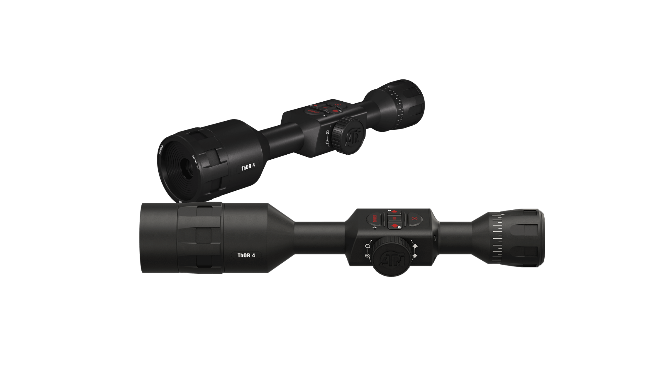 A pair of 2 black ATN ThOR 4 rifle thermal scopes for coyote hunting