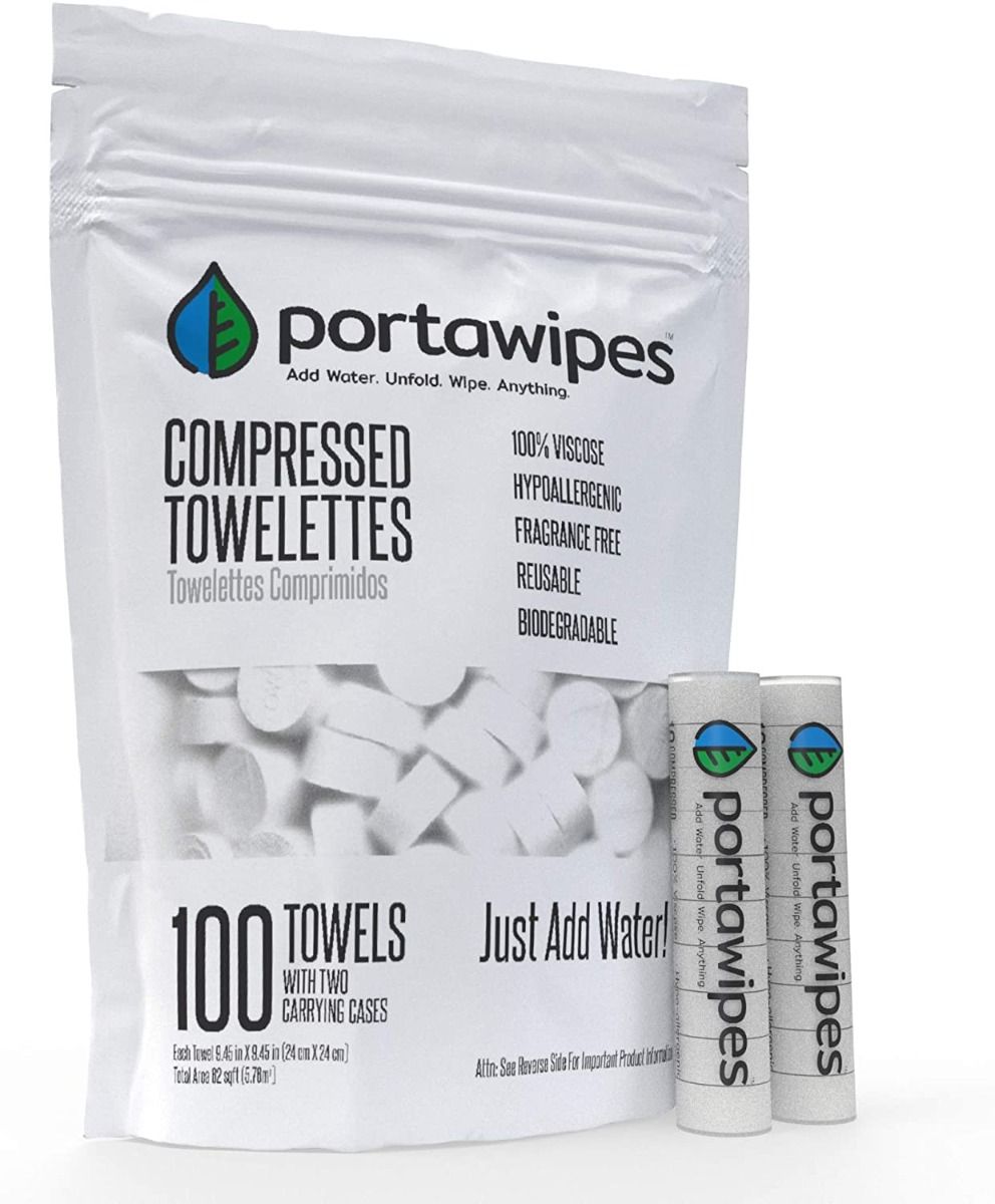Portawipes Compressed Toilet Paper Tablet Coin Tissues - 100 Pack with 2 Carrying Cases